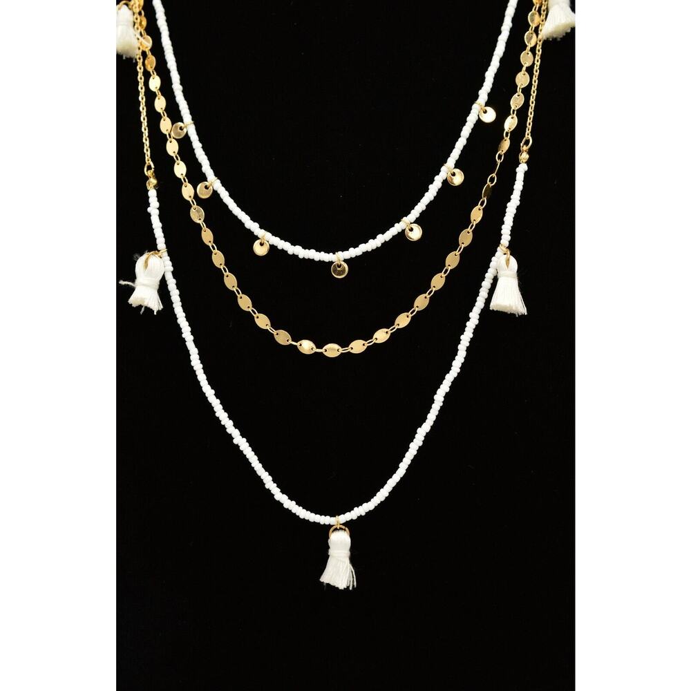 Sugarfix Statement Necklace White Beaded Tassels Gold Multi-Layered BinT